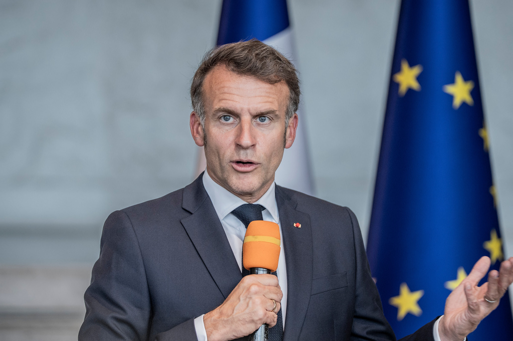 France's President Emmanuel Macron speaks during a joint press conference with African Union Commission Chairperson Mahmoud Ali Youssouf, not pictured, at the African Union headquarters in Addis Ababa, Ethiopia, Wednesday, May 13, 2026. (AP Photo/Amanuel Sileshi)