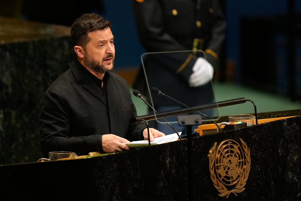 Ukraine's President Volodymyr Zelenskyy speaks during the 81st session of the United Nations General Assembly at United Nations headquarters, Wednesday, Sept. 23, 2026. (AP Photo/Seth Wenig)