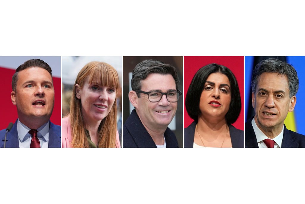 FILE - This photo combination shows, from left, Wes Streeting in Liverpool, Sept. 30, 2025, Angela Rayner in Shoreditch, London, June 5, 2025, Andy Burnham in Liverpool, Sept. 29, 2025, Shabana Mahmood in Liverpool, Sept. 29, 2025 and Ed Miliband in Hamburg, Germany, Jan. 26, 2026. (AP Photo/Jon Super, Kirsty Wigglesworth, Martin Meissner, File)
