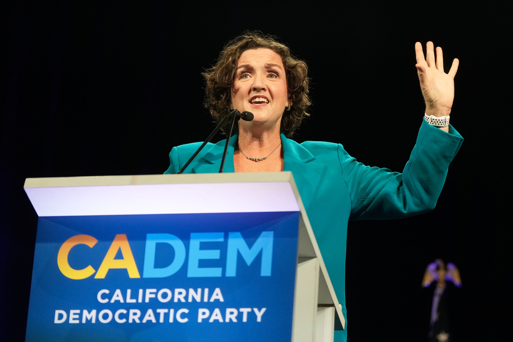 California gubernatorial candidate Katie Porter speaks at the 2026 California Democratic Party State Convention in San Francisco, Saturday, Feb. 21, 2026. (AP Photo/Jeff Chiu)