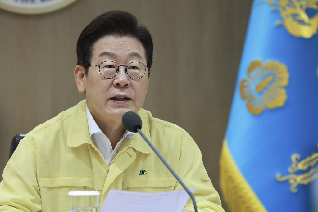 South Korean President Lee Jae Myung speaks during a cabinet meeting at the presidential office in Seoul, South Korea, Monday, Aug. 18, 2025. (Hong Hae-in/Yonhap via AP)