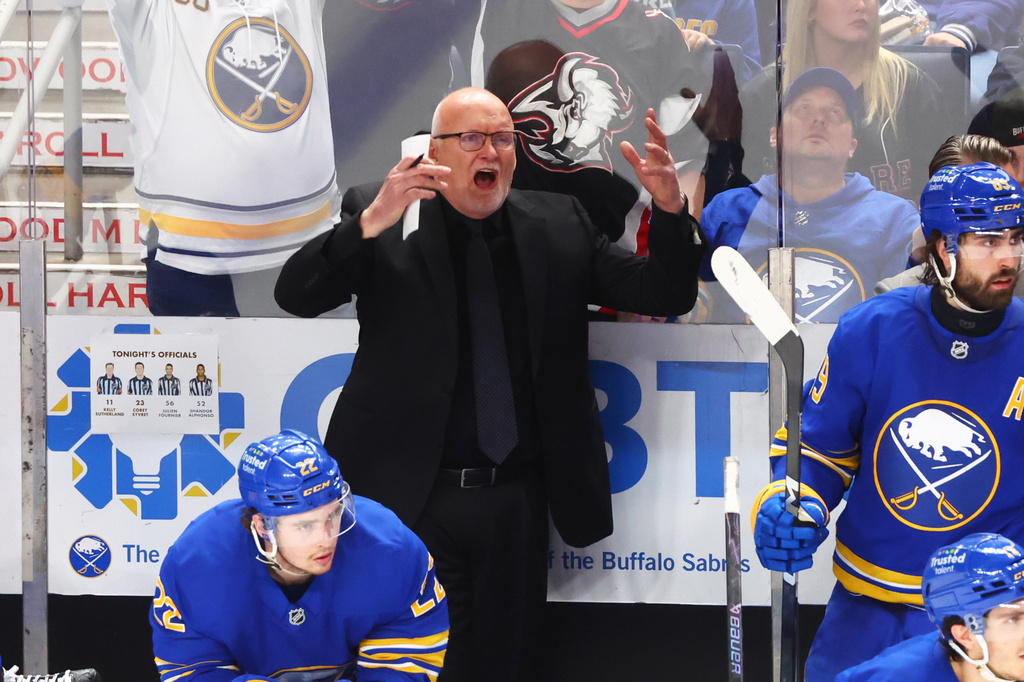 Buffalo Sabres head coach Lindy Ruff reacts during the third period in Game 5 of a first-round NHL hockey Stanley Cup playoff series against the Boston Bruins Tuesday, April 28, 2026, in Buffalo, N.Y. (AP Photo/Jeffrey T. Barnes)