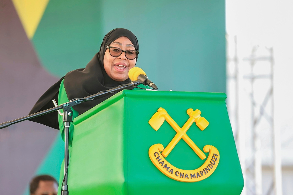 FILE - Tanzania's President Samia Suluhu Hassan delivers her remarks during the launch of the party's campaign for the upcoming general elections, at Tanganyika Packers grounds in Dar es Salaam, Tanzania, Thursday, Aug. 28, 2025. (AP Photo/Steven Genya, File)