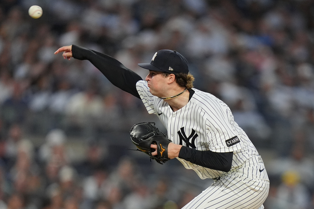 New York Yankees' Cam Schlittler pitches during the third inning of a baseball game against the Kansas City Royals Friday, April 17, 2026, in New York. (AP Photo/Frank Franklin II)