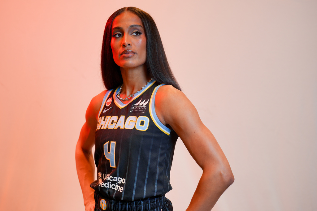 Chicago Sky's Skylar Diggins stands for a portrait during the WNBA basketball team's media day, Thursday, April 30, 2026, in Chicago. (Pat Nabong/Chicago Sun-Times via AP)