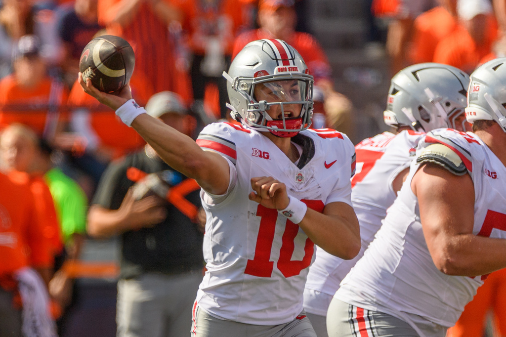 Ohio State quarterback Julian Sayin (10) throws a pass during an NCAA college football game against Illinois, Saturday, Oct. 11, 2025, in Champaign, Ill. (AP Photo/Craig Pessman)