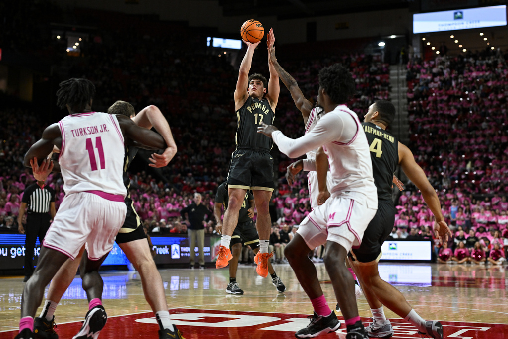 Purdue guard Omer Mayer (17) goes up to shoot during the first half of an NCAA college basketball game against Maryland, Sunday, Feb. 1, 2026, in College Park, Md. (AP Photo/Terrance Williams)