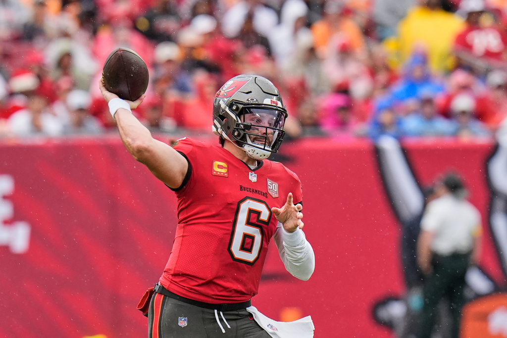 Tampa Bay Buccaneers quarterback Baker Mayfield (6) passes against the New Orleans Saints in the first half of an NFL football game, Sunday, Dec. 7, 2025, in Tampa, Fla. (AP Photo/Chris O'Meara)
