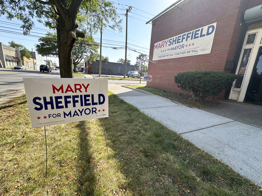 A lawn sign and banner are pictured on display outside a campaign office for Detroit mayoral candidate Mary Sheffield, Saturday, Sept. 27, 2025, on Detroit's west side. (AP Photo/Robert Yoon) A lawn sign and banner are pictured on display outside a campaign office for Detroit mayoral candidate Mary Sheffield, Saturday, Sept. 27, 2025, on Detroit's west side. (AP Photo/Robert Yoon)