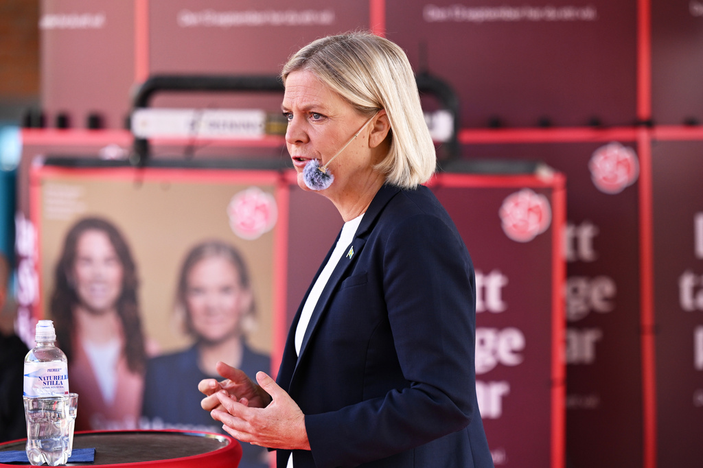 Sweden's Social Democratic Party leader Magdalena Andersson gives a speech in Stockholm, Sweden, Saturday Sept. 5, 2026, ahead of general election on Sept. 13. (Jonathan Näckstrand/TT via AP)