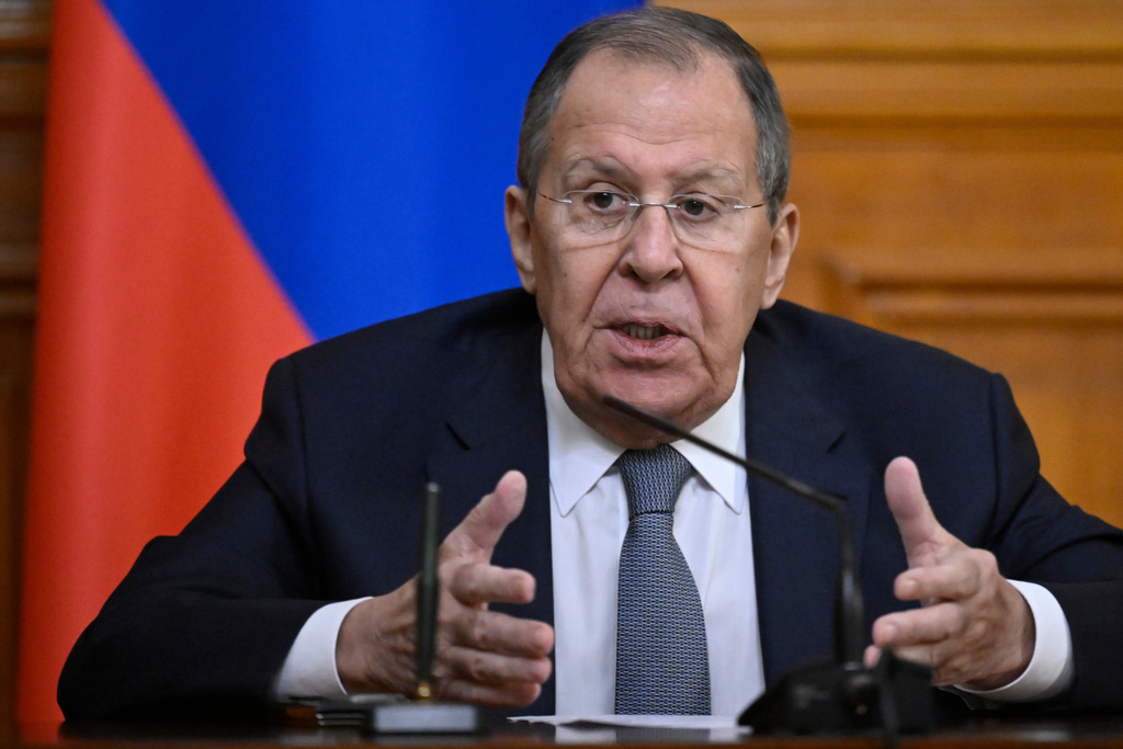 FILE - Russian Foreign Minister Sergey Lavrov gestures during a news conference in Moscow, Russia, Nov. 25, 2025. (Alexander Nemenov/Pool Photo via AP, File)