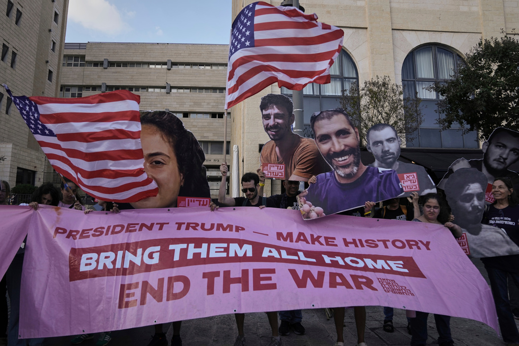 FILE - Relatives and supporters of hostages held by Hamas in the Gaza Strip calling for their immediate release and an end of the ongoing war, in Jerusalem, Tuesday, Sept. 9, 2025. (AP Photo/Mahmoud Illean, file)