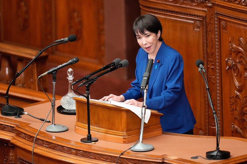 Japan's Prime Minister Sanae Takaichi delivers a policy speech at the extraordinary session of parliament's lower house Friday, Oct. 24, 2025, in Tokyo. (AP Photo/Eugene Hoshiko)