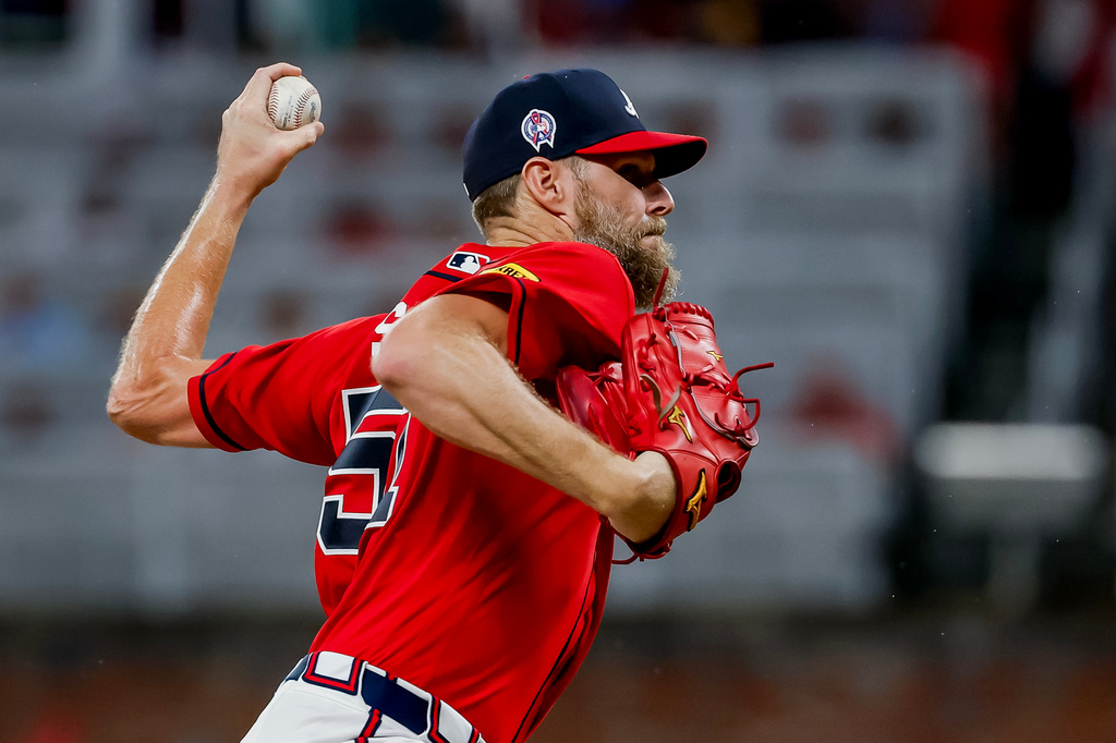 Atlanta Braves pitcher Chris Sale delivers to a Philadelphia Phillies during the first inning of a baseball game, Friday, Sept. 11, 2026, in Atlanta. (AP Photo/Erik S. Lesser)