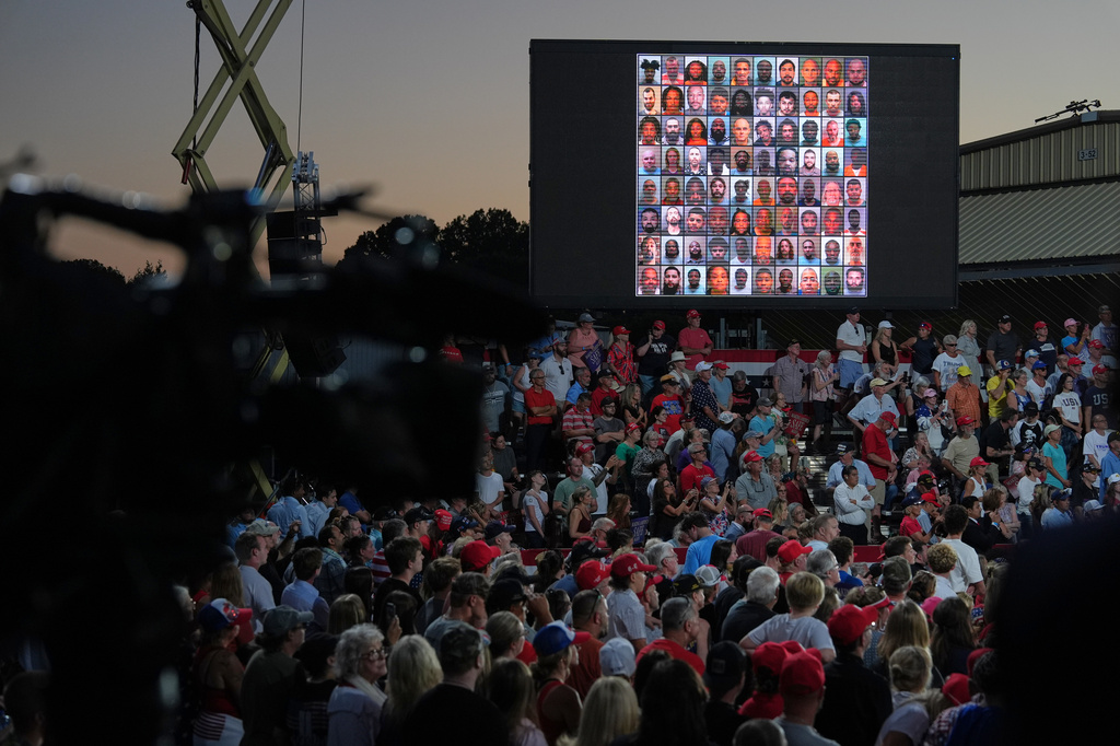 A image is seen on a screen as President Donald Trump speaks during a rally at Gastonia Municipal Airport, Wednesday, Sept. 16, 2026, in Gastonia, N.C. (AP Photo/Alex Brandon)