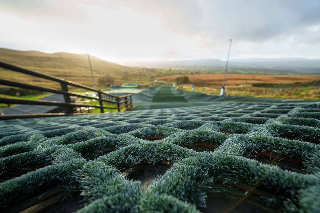 A close-up of the surface of the track of the Pendle Ski Club racing track before an inter-club ski meeting at the dry ski slope in Clitheroe, England, Tuesday, Oct. 28, 2025. (AP Photo/Jon Super).