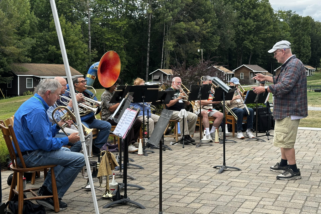 This photo provided by Russ Grazier shows a brass ensemble performing at the New England Adult Music Camp in Sidney, Maine, in August 2025. (Russ Grazier via AP)