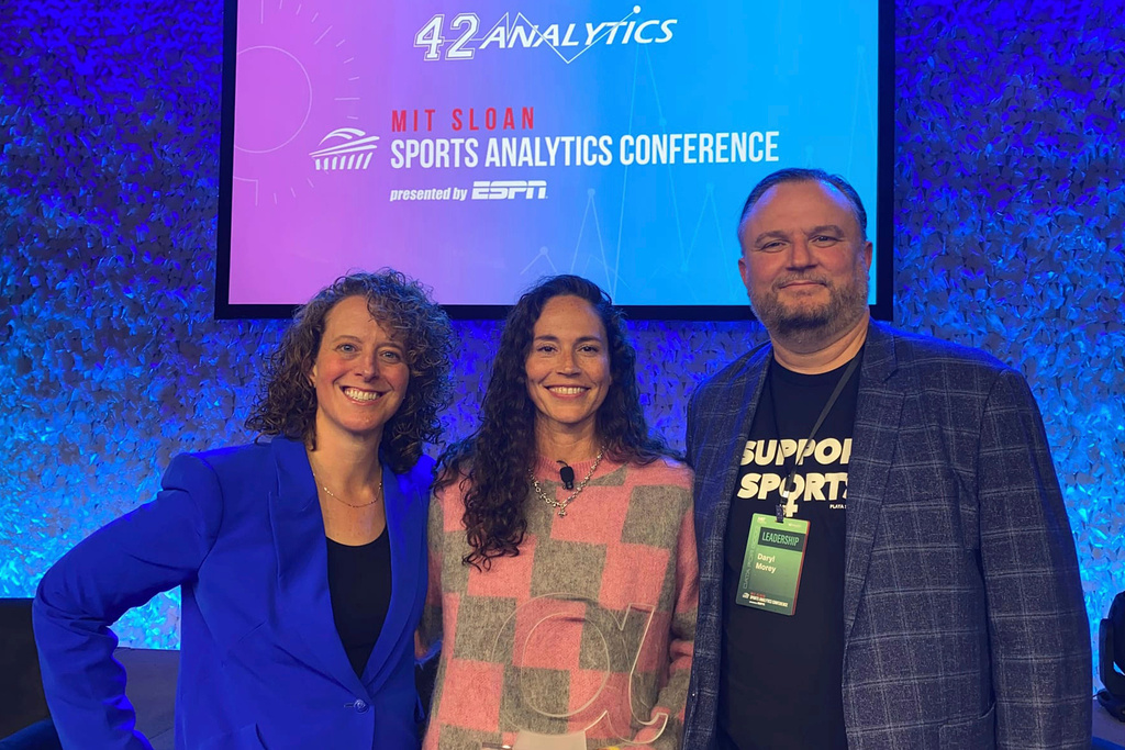FILE - This March 2023, photo provided by the Sloan Sports Analytics Conference shows Sue Bird, center, posed with Jessica Gelman, left, and Daryl Morley, right, after presenting Bird with the Lifetime Achievement Alpha Award at the 2023 Sloan Sports Analytics Conference, in Boston. (Jeff Pinette/Sloan Sports Analytics Conference via AP, File)