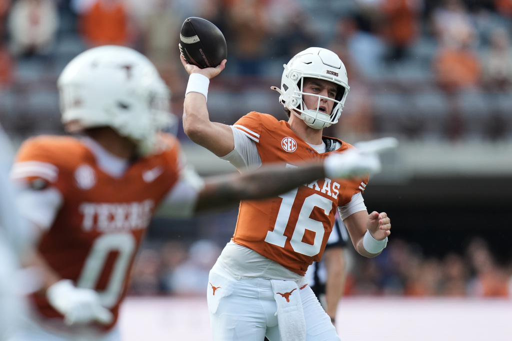Texas quarterback Arch Manning (16) throws against Vanderbilt during the first half of an NCAA college football game in Austin, Texas, Saturday, Nov. 1, 2025. (AP Photo/Eric Gay)