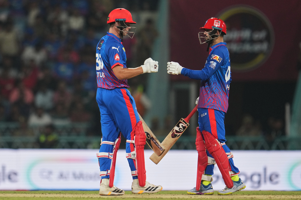 Delhi Capitals' Sameer Rizvi, right, and batting partner Tristan Stubbs encourage each other during the Indian Premier League cricket match between Lucknow Super Giants and Delhi Capitals in Lucknow, India, Wednesday, April 1, 2026. (AP Photo/Manish Swarup)