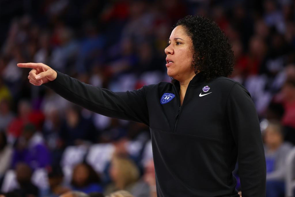 Duke head coach Kara Lawson reacts during the first half of an NCAA college basketball game in the championship of the Atlantic Coast Conference tournament against Louisville, Sunday, March 8, 2026, in Duluth, Ga. (AP Photo/Colin Hubbard)