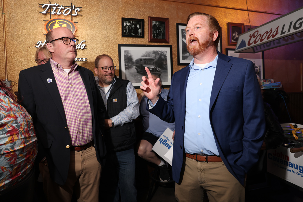 State Sen. John Cavanaugh, candidate for the Democratic nomination to the House of Representatives in Nebraska's second district, speaks during an election night watch party Tuesday, May 12, 2026, in Omaha, Neb. (AP Photo/Rebecca S. Gratz)