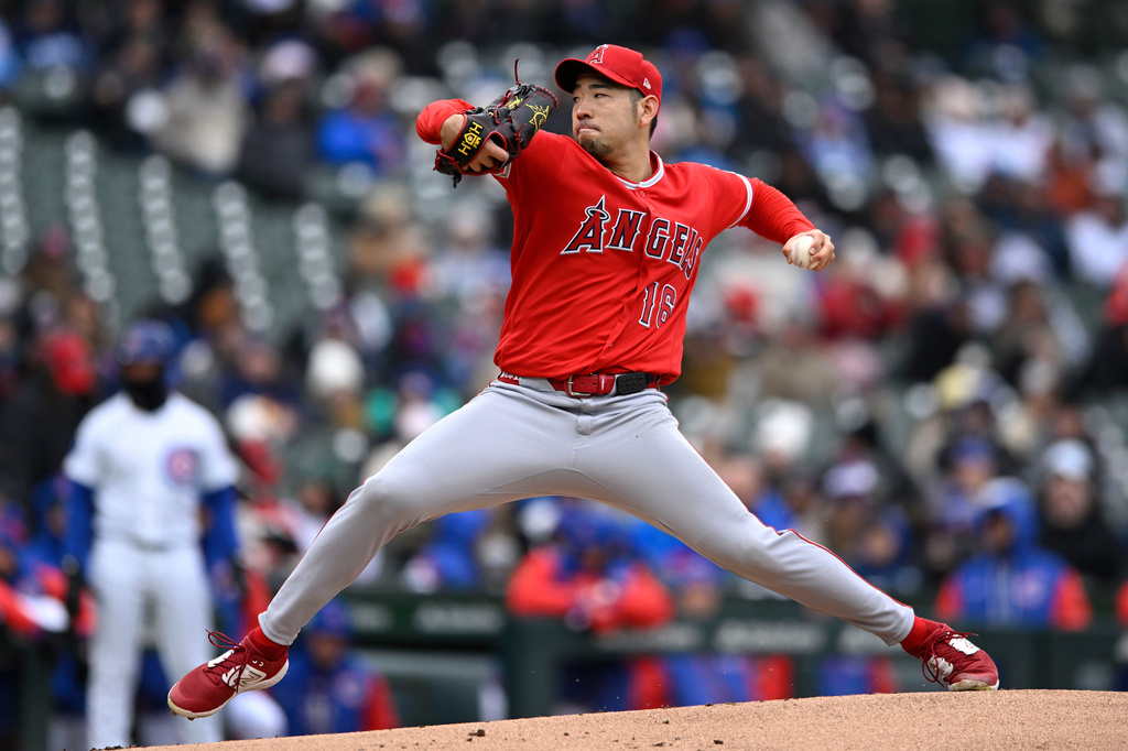 Los Angeles Angels starter Yusei Kikuchi delivers a pitch during the first inning of a baseball game against the Chicago Cubs in Chicago, Wednesday, April 1, 2026. (AP Photo/Paul Beaty)