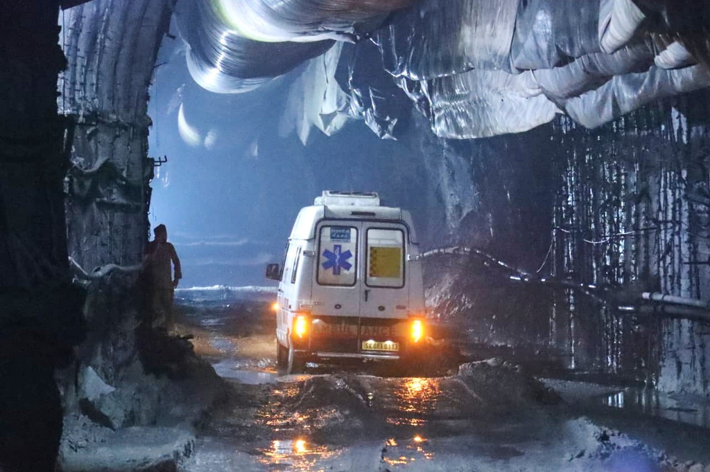In this image provided by the Information and Public Relations Department, Government of Sikkim, an ambulance moves through an under-construction tunnel at a hydropower project in Samardung village, about 40 kms. (25 miles) from Gangtok, India, late Monday, July 20, 2026. (Government of Sikkim via AP)