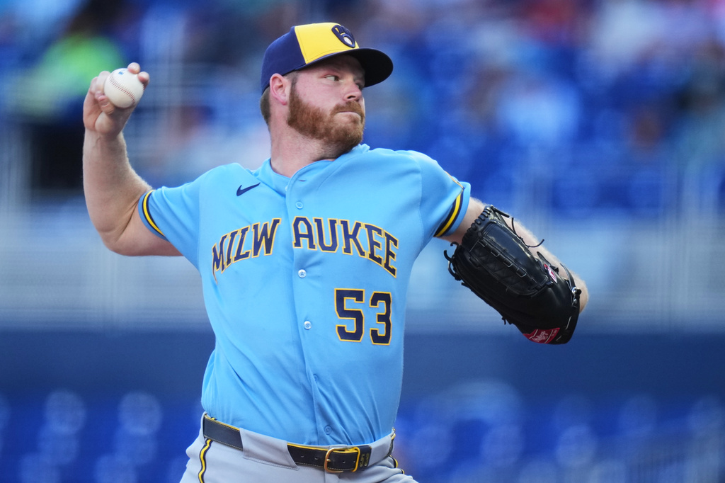 Milwaukee Brewers pitcher Brandon Woodruff (53) throws during the first inning of a baseball game against the Miami Marlins, Saturday, April 18, 2026, in Miami. (AP Photo/Lynne Sladky)
