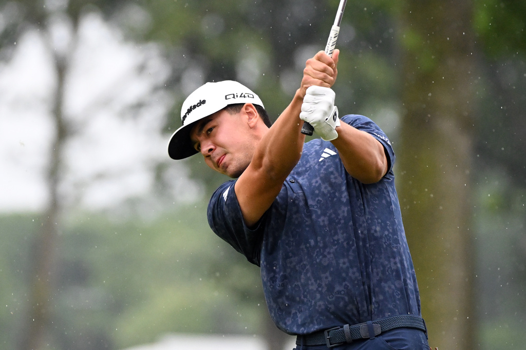 Michael Thorbjornsen hits from the fifth tee during the final round of the Rocket Classic golf tournament, Sunday, Aug. 2, 2026, in Detroit. (AP Photo/Jose Juarez)