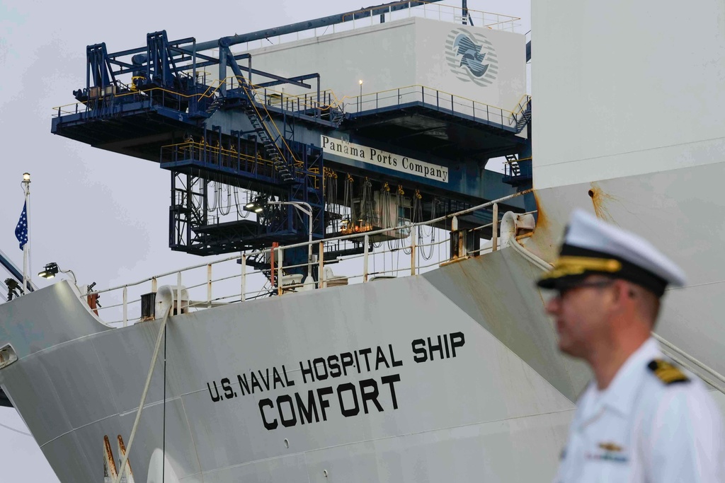 FILE - The U.S. Navy hospital ship USNS Comfort docks at the Cristobal port, operated by the Panama Ports Company, in Colon, Panama, Sunday, June 29, 2025. (AP Photo/Matias Delacroix, File)