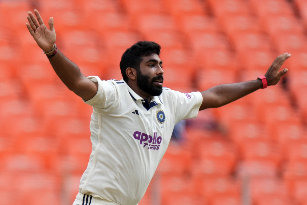 India's Jasprit Bumrah appeals unsuccessfully for the wicket of West Indies' John Campbell on the first day of the first Test cricket match between India and West Indies at Narendra Modi Stadium in Ahmedabad, India, Thursday, Oct. 2, 2025. (AP Photo/Ajit Solanki)
