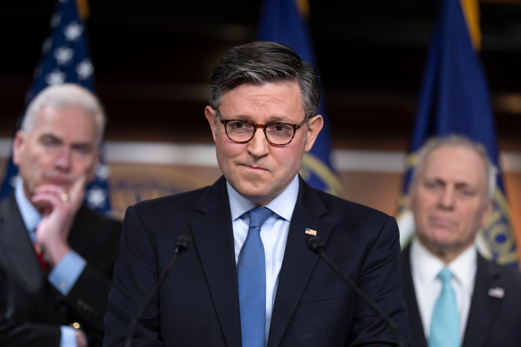 Speaker of the House Mike Johnson, R-La., meets with reporters as Republicans struggle with a plan to address growing health care costs, at the Capitol in Washington, Tuesday, Dec. 16, 2025. (AP Photo/J. Scott Applewhite)