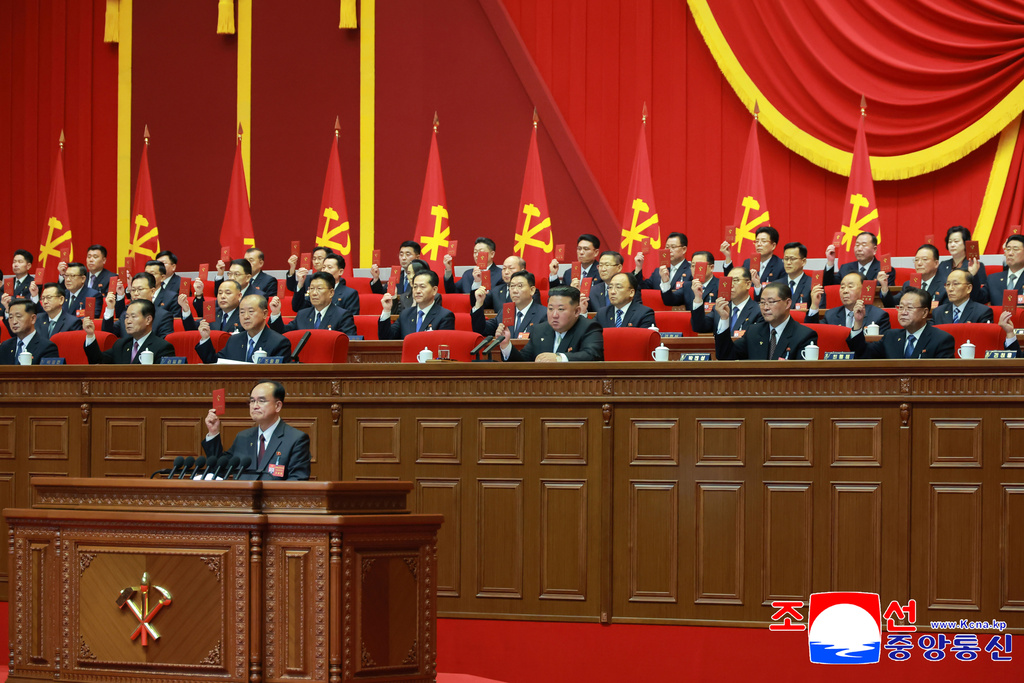 This photo provided on Friday, Feb. 20, 2026, by the North Korean government, North Korean leader Kim Jong Un, center, attends the ruling Workers’ Party Congress in Pyongyang, Thursday, Feb. 19, 2026. Independent journalists were not given access to cover the event depicted in this image distributed by the North Korean government. The content of this image is as provided and cannot be independently verified. Korean language watermark on image as provided by source reads: "KCNA" which is the abbreviation for Korean Central News Agency. (Korean Central News Agency/Korea News Service via AP)
