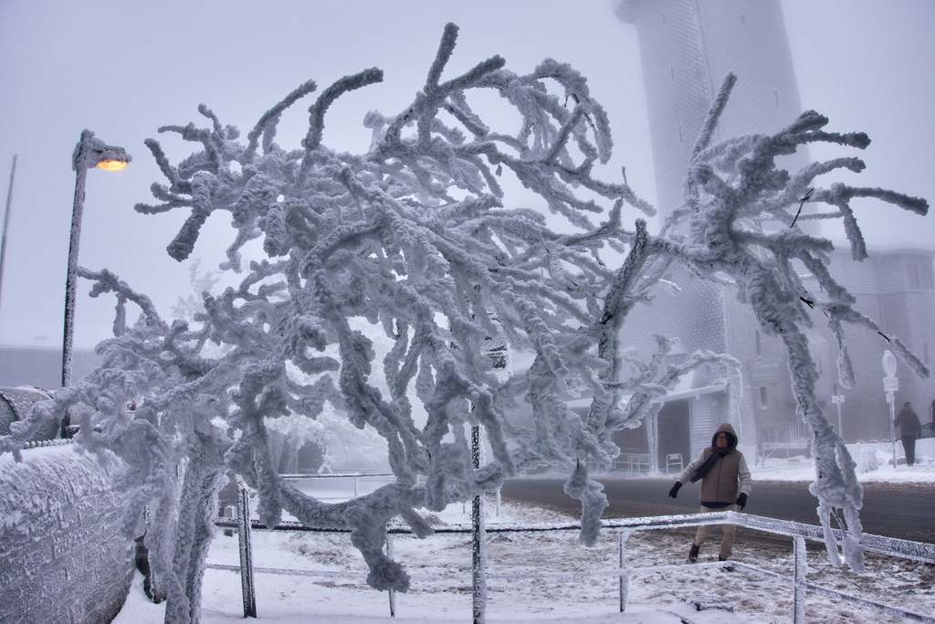 An ice covered tree is pictured on top of the Feldberg mountain near Frankfurt, Germany, Thursday, Jan. 8, 2026. (AP Photo/Michael Probst)