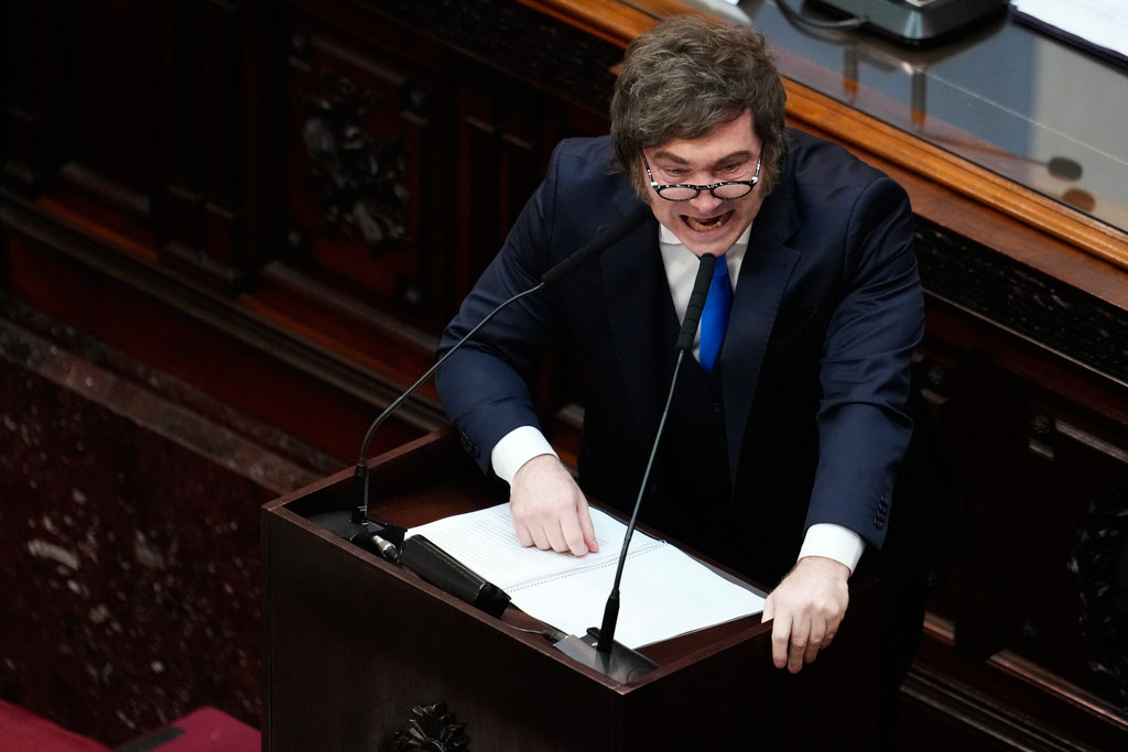 Argentina's President Javier Milei delivers the annual State of the Nation address at Congress in Buenos Aires, Argentina, Sunday, March 1, 2026. (AP Photo/Gustavo Garello)