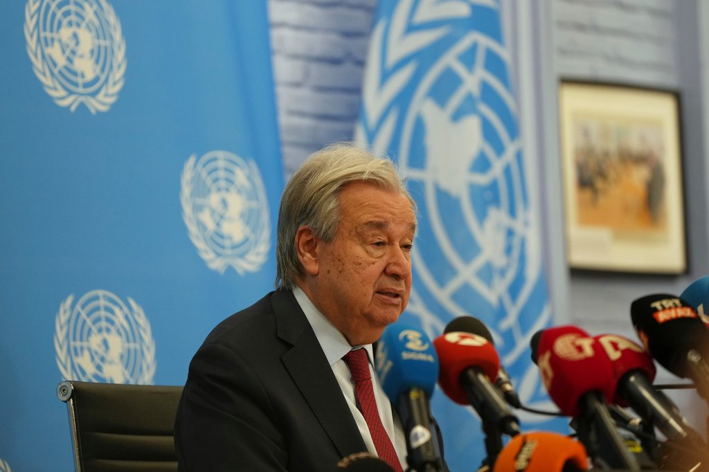 United Nations Secretary-General Antonio Guterres speaks during a news conference after his join meeting with Turkish Cypriot Leader Tufan Erhurman and Cyprus President Nikos Christodoulides at a U.N. compound in the Nicosia airport area, inside the United Nations-controlled buffer zone in the divided capital of Nicosia, Cyprus, Wednesday, July 29, 2026. (AP Photo/Petros Karadjias )