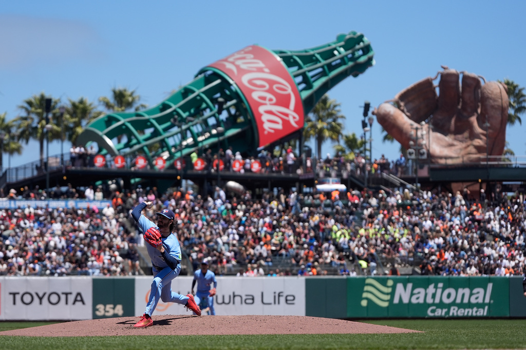 Toronto Blue Jays pitcher Dylan Cease throws against the San Francisco Giants during the fourth inning of a baseball game Wednesday, July 8, 2026, in San Francisco. (AP Photo/Jeff Chiu)