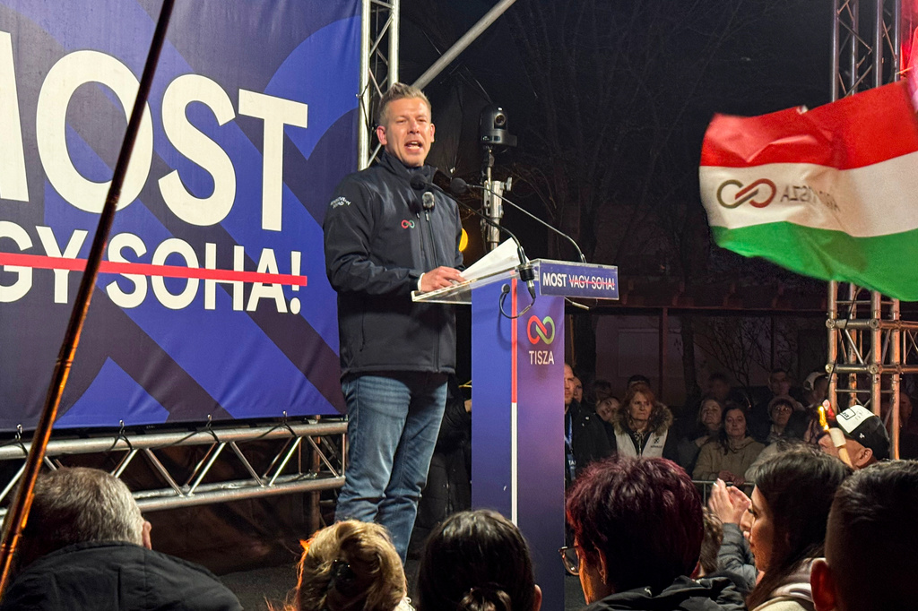 Hungarian opposition leader Peter Magyar addresses people during an election rally in Kiskunhalas, Hungary, Thursday, April 2, 2026. (AP Photo/Bela Szandelszky)