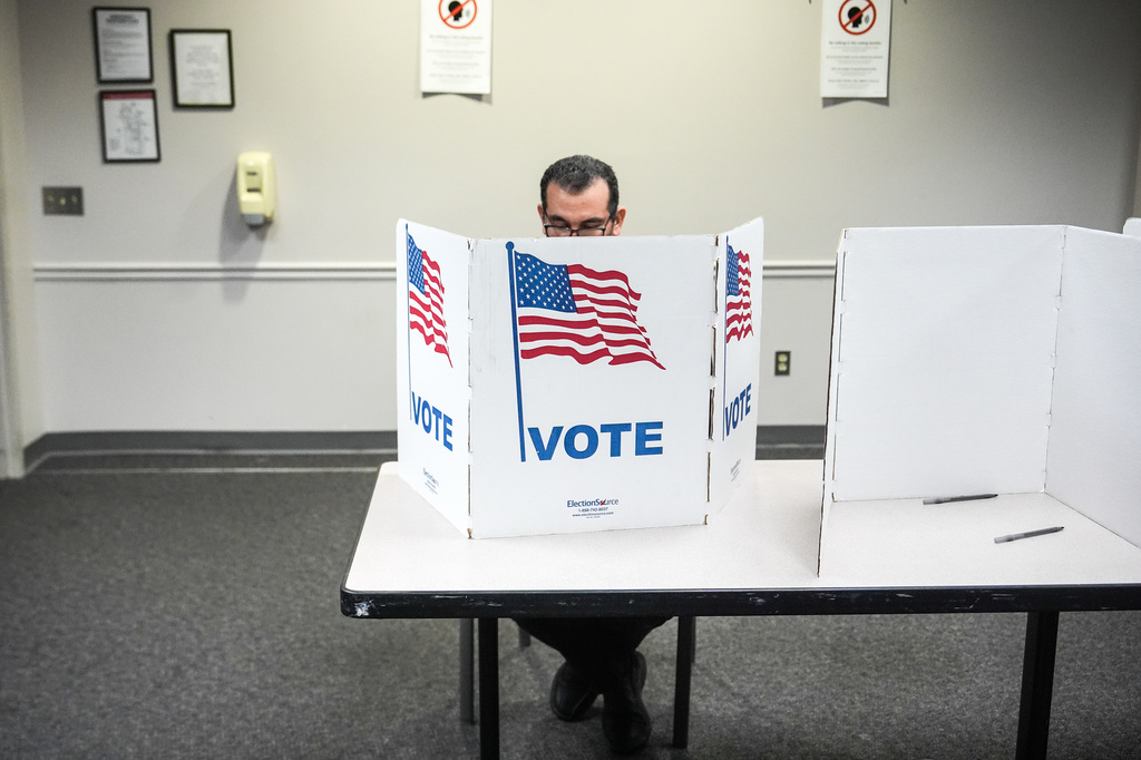 A person votes in the Virginia redistricting referendum at Fairfax Government Center, Tuesday, April 21, 2026, in Fairfax, Va. (AP Photo/Julia Demaree Nikhinson)