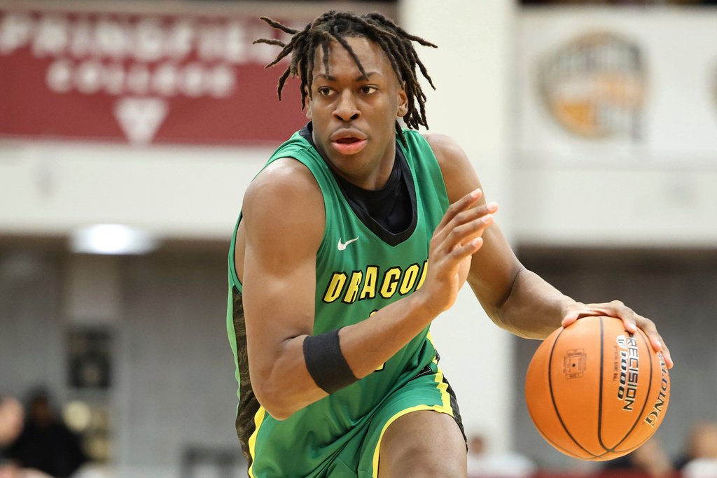 FILE - Marcus Allen in action as he plays for the AZ Compass Prep against IMG Academy during a high school basketball game at the Hoophall Classic, Jan. 16, 2023, in Springfield, MA. (AP Photo/Gregory Payan, File)