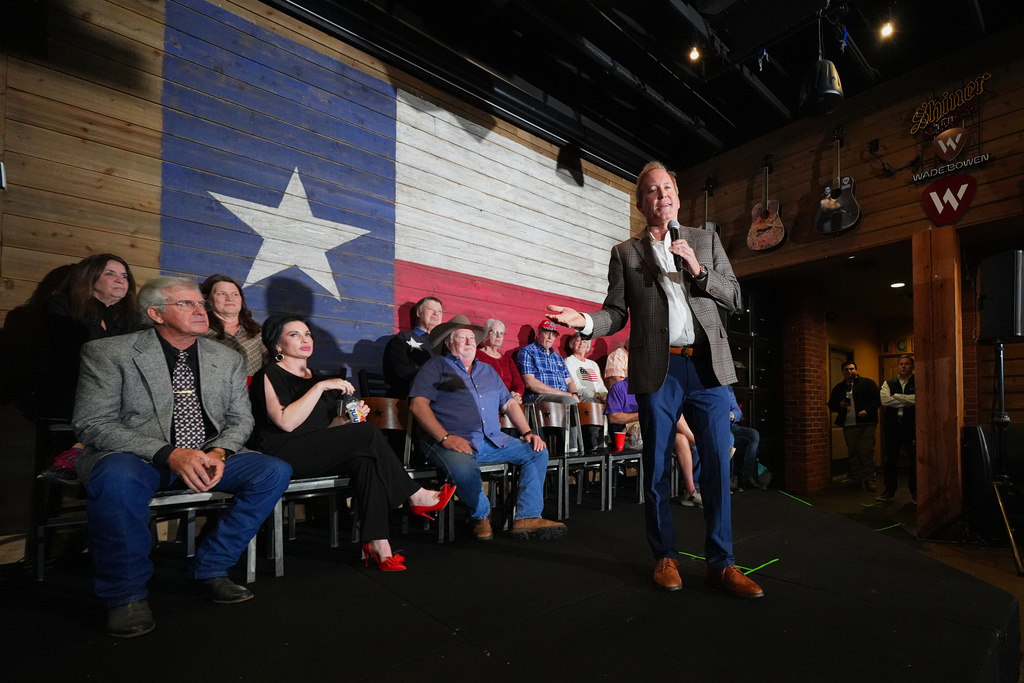 Texas Attorney General Ken Paxton, a Republican candidate for the U.S. Senate, speaks during a campaign event, Monday, Feb. 16, 2026, in Tyler, Texas. (AP Photo/Julio Cortez)