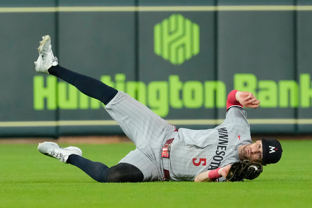 Minnesota Twins center fielder Ryan Kreidler catches a fly ball by Houston Astros' Nick Allen during the eighth inning of a baseball game Tuesday, June 30, 2026, in Houston. (AP Photo/David J. Phillip)