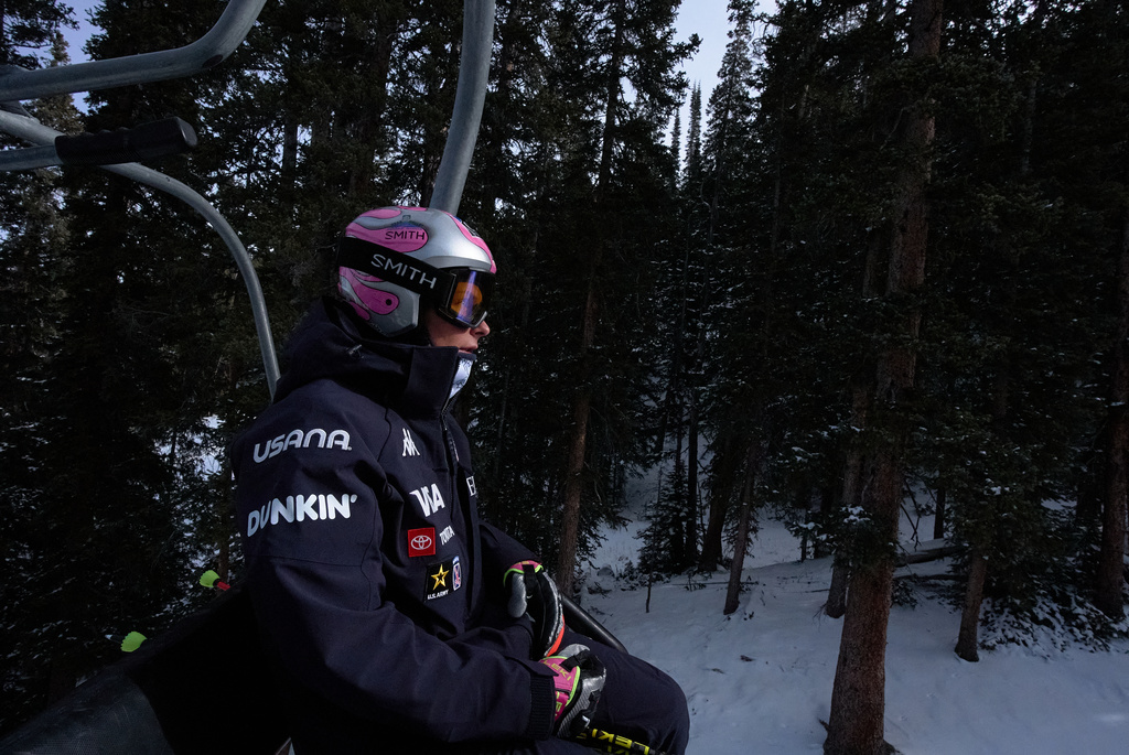 Skier Keely Cashman, 26, of Strawberry, Calif., rides the chairlift up for practice with the U.S. Women's Ski Team at Copper Mountain, Colo., Nov. 20, 2025. (AP Photo/Jacquelyn Martin)