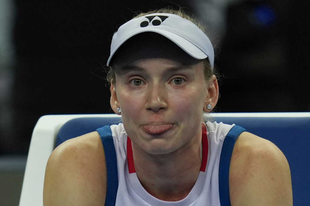 Elena Rybakina, of Kazakhstan, reacts during a women's singles second round match against Alina Charaeva, of Armenia, in the China Open tennis tournament in Beijing, Saturday, Oct. 3, 2026. (AP Photo/Ng Han Guan)