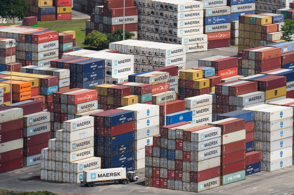 FILE - Ship containers are stacked at the Panama Canal Balboa port, operated by the Panama Ports Company, in Panama City, July 29, 2025. (AP Photo/Matias Delacroix, File)