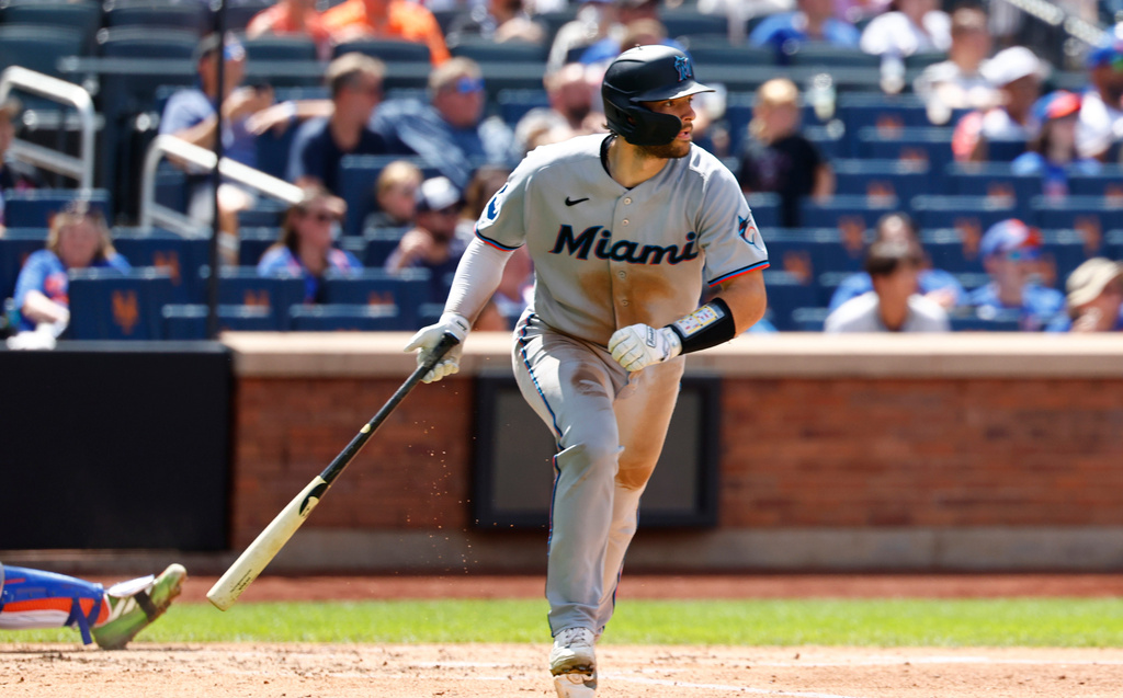 Miami Marlins' Joe Mack drops his bat after hitting home run against the New York Mets during the fifth inning of a baseball game, Sunday, Aug. 2, 2026, in New York. (AP Photo/Noah K. Murray)