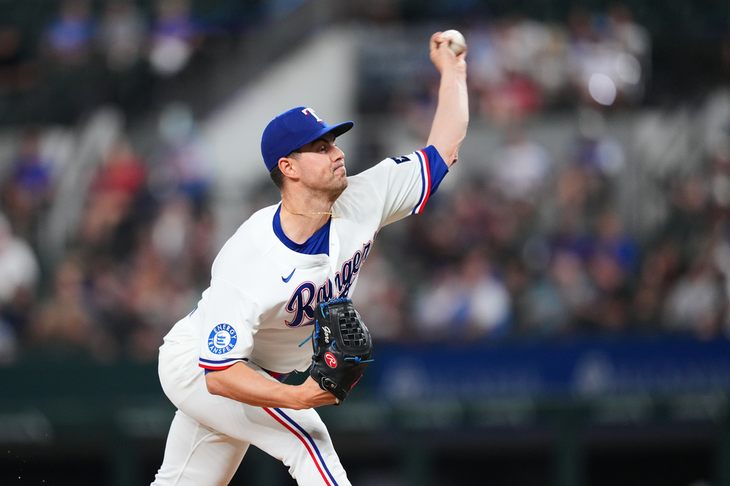 Texas Rangers starting pitcher MacKenzie Gore throws to the Athletics during the third inning of a baseball game Tuesday, Sept. 1, 2026, in Arlington, Texas. (AP Photo/Julio Cortez)