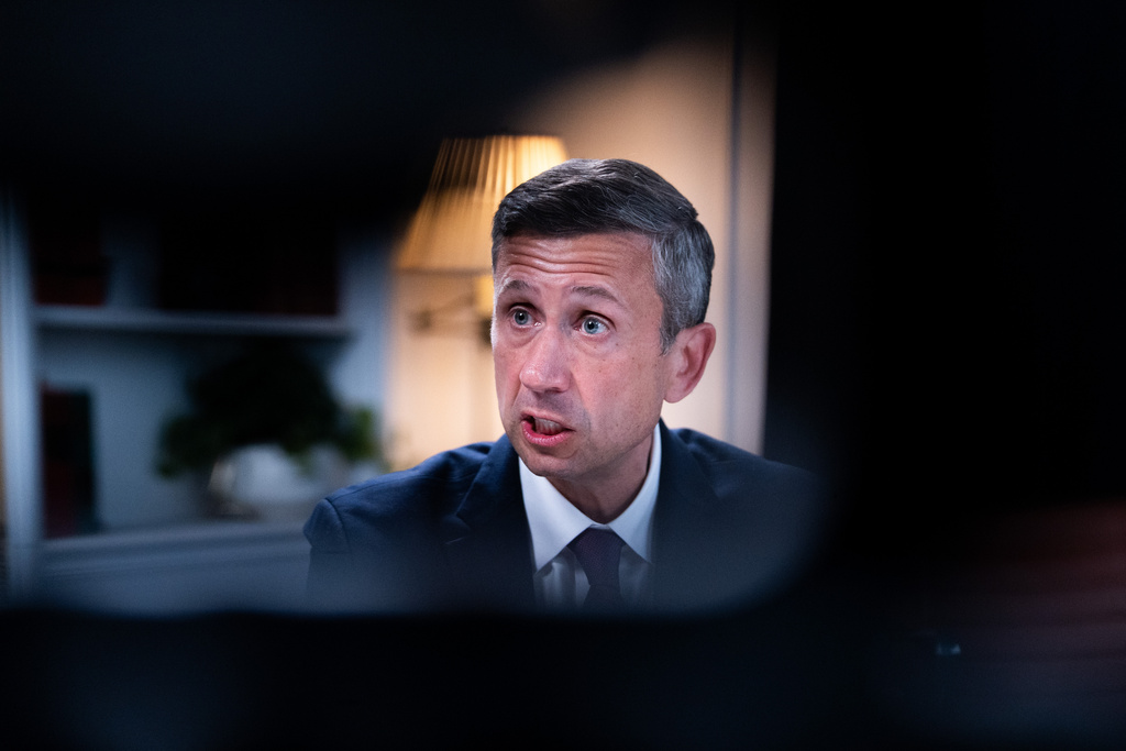 Democratic National Committee chair Ken Martin speaks during an interview with The Associated Press at DNC headquarters, Monday, Jan. 12, 2026, in Washington. (AP Photo/Allison Robbert)