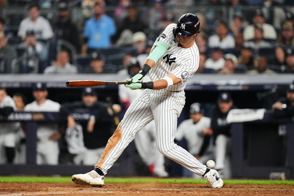 New York Yankees' Spencer Jones strikes out on a wild pitch by Boston Red Sox' Garrett Crochet during the sixth inning in Game 2 of baseball's American League Wild Card Series Wednesday, Sept. 30, 2026, in New York. (AP Photo/Frank Franklin II)